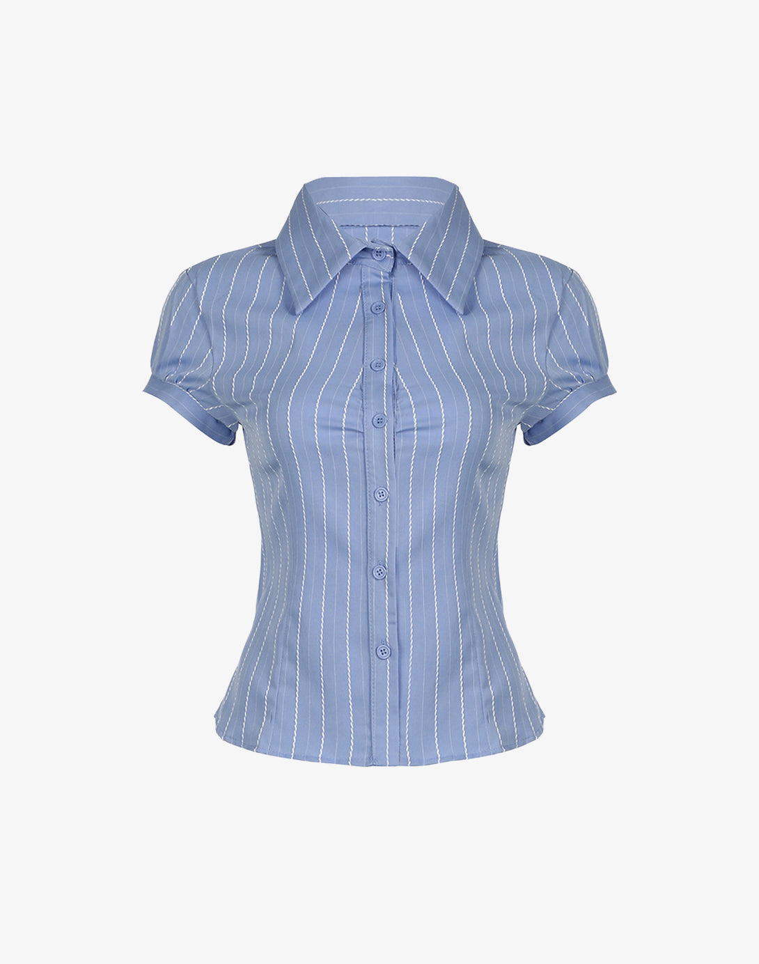 Studio flat lay of a blue pinstripe formal blouse with short puffed sleeves and a ladies fitted cut.