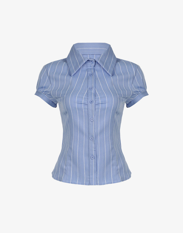 Studio flat lay of a blue pinstripe formal blouse with short puffed sleeves and a ladies fitted cut.
