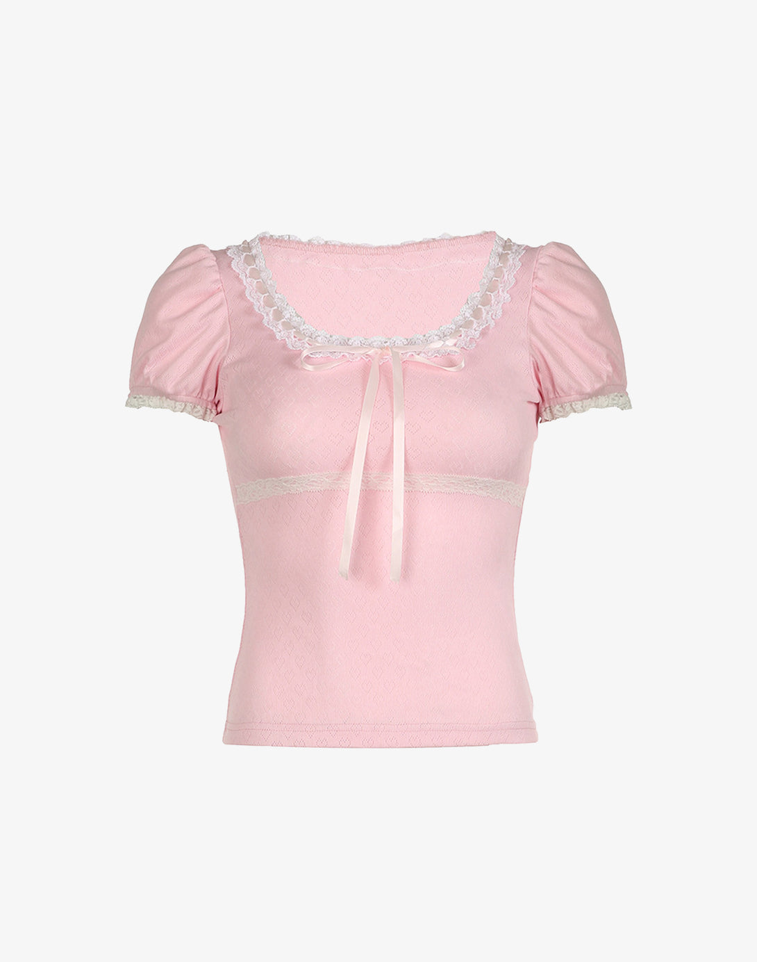 Front view of the Sweetheart Kawaii Lace Trim Top in soft pink, featuring a rounded neckline, lace trim, and a front tie ribbon for a cute feminine look.