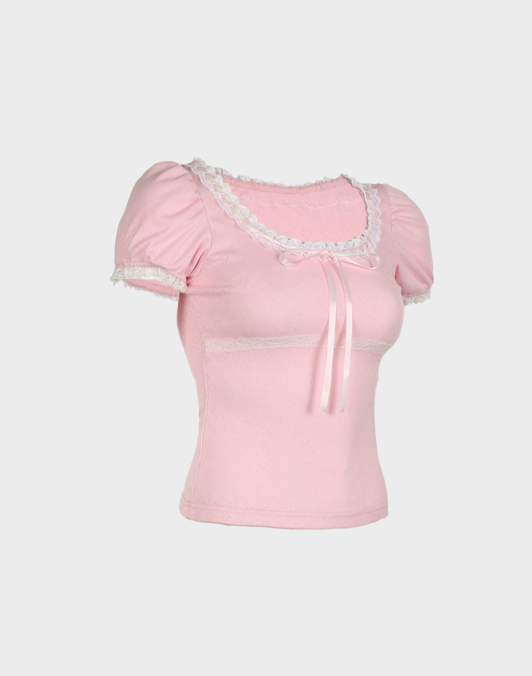 Side view of the Sweetheart Kawaii Lace Trim Top showing the ruched front, lace trim on the neckline, and the front tie ribbon for a cute south korean outfit look.