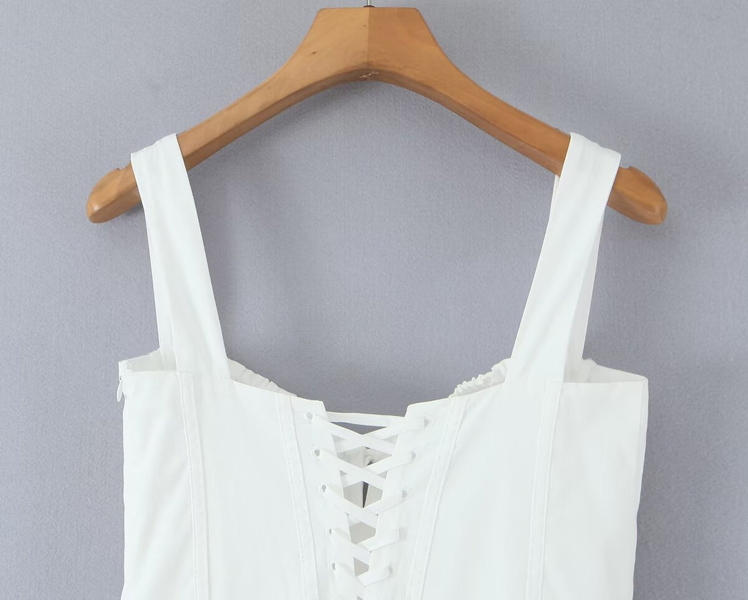 lace-up back detail on white dollette aesthetic dress