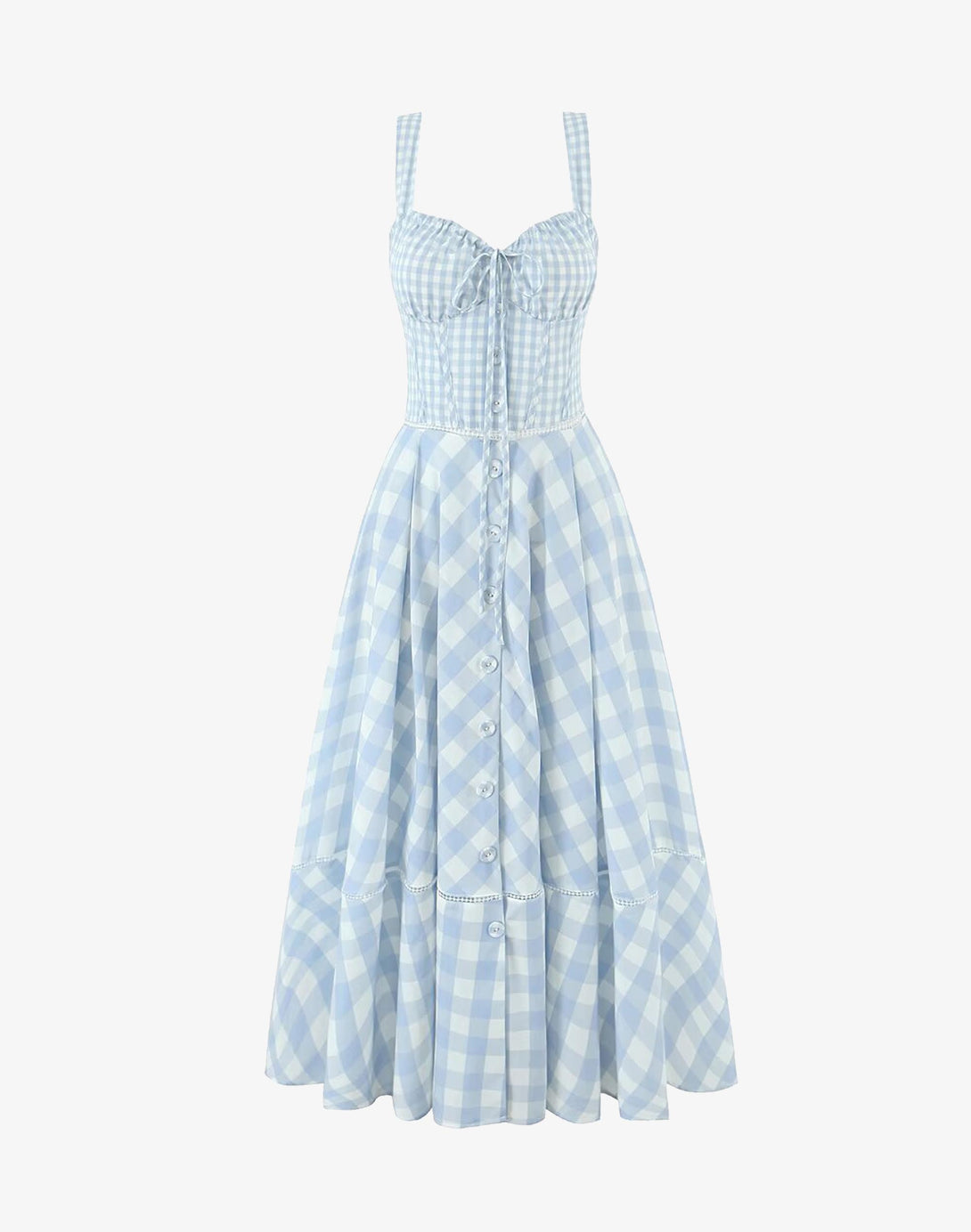 full-length blue gingham corset midi dress with lace trim and flared skirt