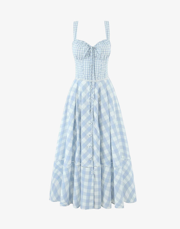 full-length blue gingham corset midi dress with lace trim and flared skirt