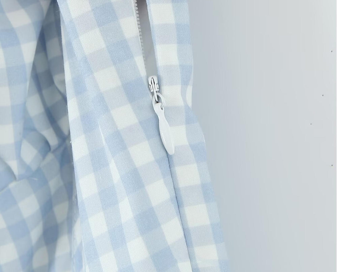 light blue gingham corset dress with hidden white side zipper close-up