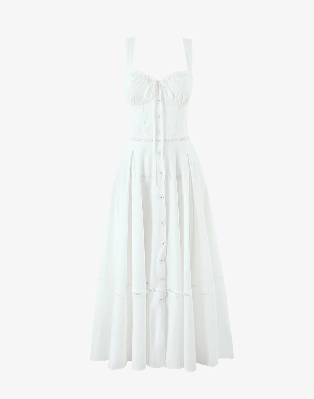 white corset midi dress with lace trim, button front, and sweetheart neckline on white background