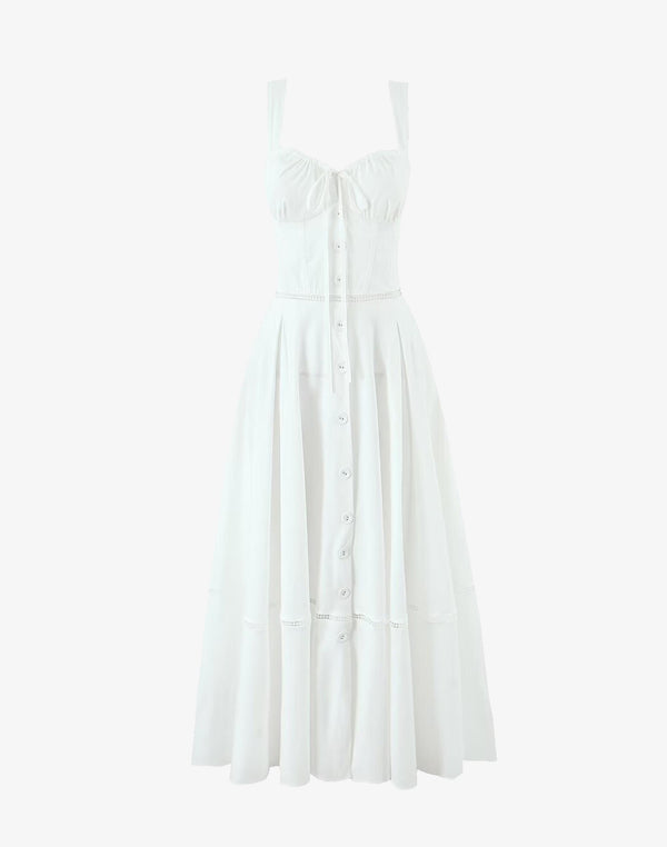 white corset midi dress with lace trim, button front, and sweetheart neckline on white background