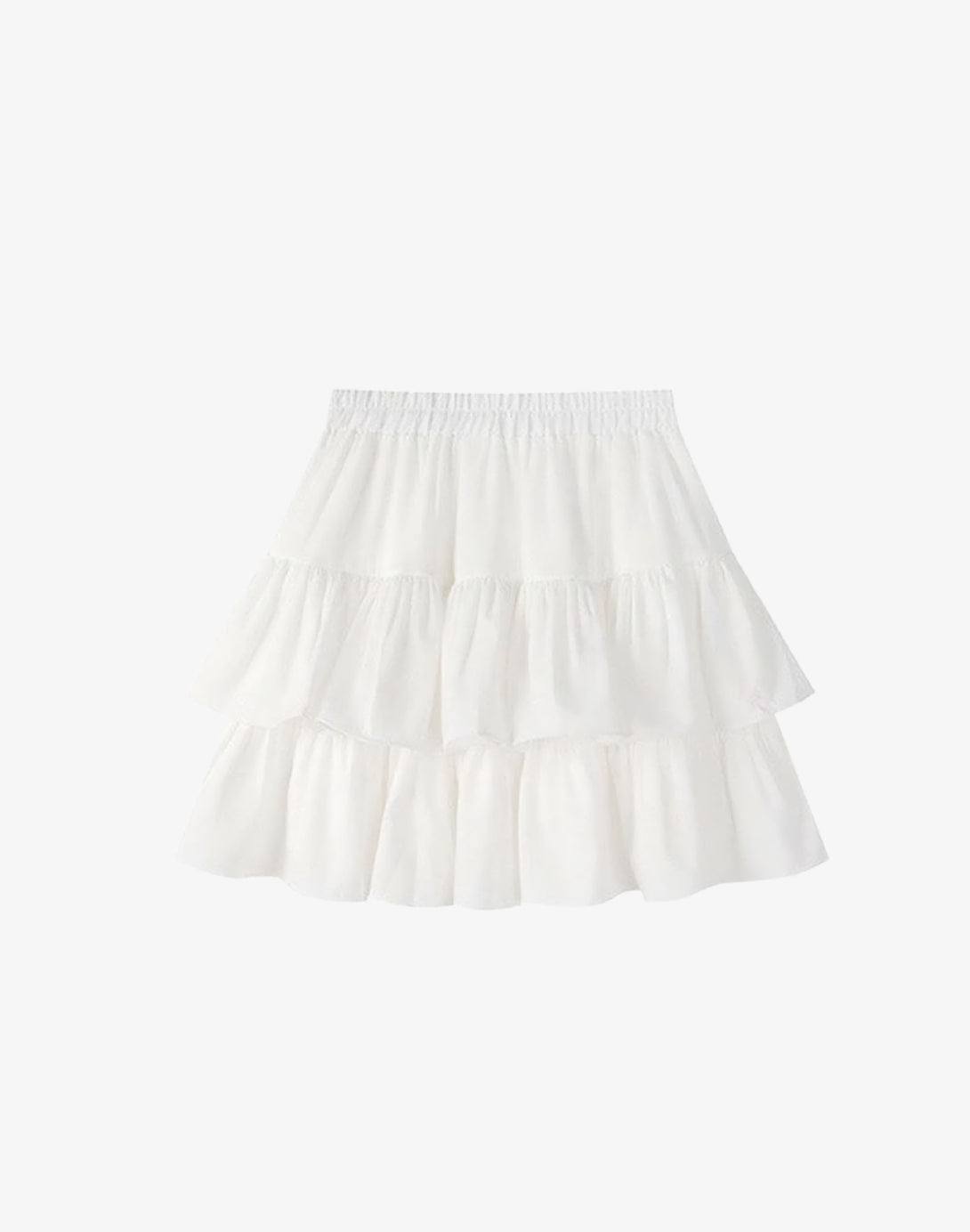 Studio shot of the white version of the tiered ruffle skirt mini, a staple for hyper feminine fashion.