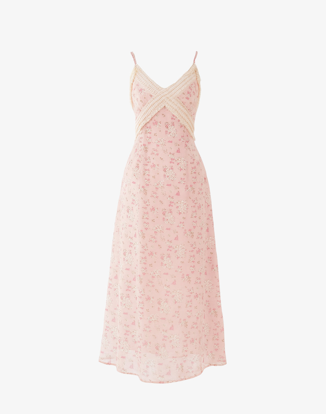 blush pink coquette midi dress with lace trim and ditsy floral print on white backdrop