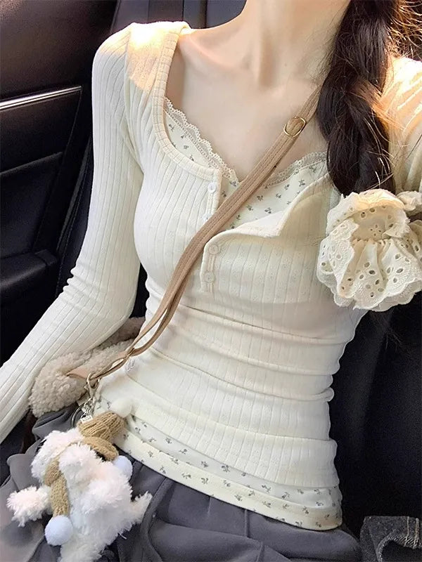 cream ribbed layered henley top with visible floral cami and lace neckline in casual outfit