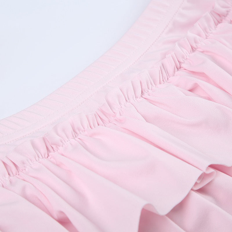 Closeup of the waistband and the top gathered tier of the soft girl style skirt.