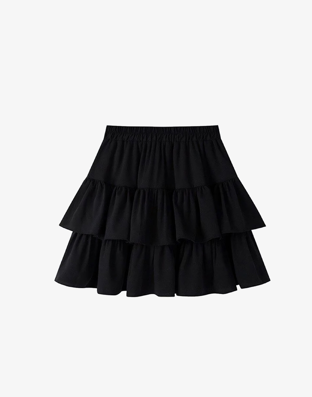 Studio flat lay of the black ruffle mini skirt, showing its high-waisted and tiered construction.